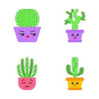 Cactuses flat design long shadow color icons set. Plants with sad faces. Angry barrel cactus. Happy organ pipe cacti. Hushed teddy bear cholla. Home cacti in pots. Vector silhouette illustrations