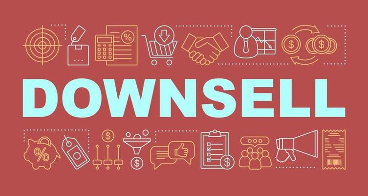 Downsell word concepts banner. Automated sales funnel. Presentation, website. Lower decision threshold. Cheaper alternative. Isolated lettering typography idea with linear icons. Vector illustration