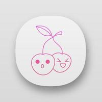 Cherries cute kawaii app character. Happy and astonished berries with smiling faces. Laughing and frowned food. Funny emoji, emoticon, smile. Vector isolated illustration