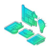 ilustración de vector de color isométrico de idea de negocio. infografía de iconos lineales de auditoría de inicio. gestión de proyectos, desarrollo de prototipos concepto 3d. elementos de diseño aislado degradado sobre fondo blanco