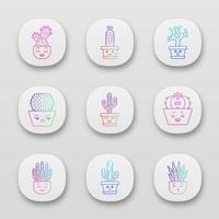 Cactuses app icons set. Plants with smiling faces. Laughing Saguaro and peyote cactus. Kissing zebra cacti in pot. UI UX user interface. Web or mobile applications. Vector isolated illustrations