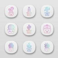 Cactuses app icons set. Plants with smiling faces. Laughing Saguaro and peyote cactus. Kissing zebra cacti in pot. UI UX user interface. Web or mobile applications. Vector isolated illustrations