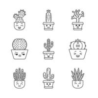 Cactuses cute kawaii linear characters. Plants with smiling faces. Laughing Saguaro and peyote cactus. Home cacti in pots. Thin line icon set. Vector isolated outline illustration. Editable stroke