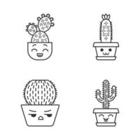 Cactuses cute kawaii linear characters. Plants with smiling faces. Laughing Saguaro. Happy hedgehog cactus. Home cacti in pot. Thin line icon set. Vector isolated outline illustration. Editable stroke