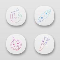conjunto de personajes de la aplicación kawaii lindo de verduras. guiño pimentón. guisante, cebolla, zanahoria con caras sonrientes. emoji divertido, emoticono, sonrisa. ilustración vectorial aislada vector