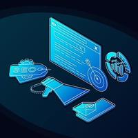 Search engine optimization isometric color vector illustration. SEO research linear icons infographic. Internet marketing 3d concept. Online targeting, monitoring web design on dark blue background