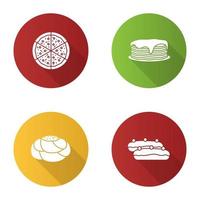 Bakery flat design long shadow glyph icons set. Pizza, pancakes stack, pastry bread, eclair. Vector silhouette illustration