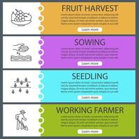 Agriculture web banner templates set. Bowl with fruits, sowing, seedling, working farmer. Website color menu items with linear icons. Vector headers design concepts