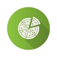 Pizza with one slice separated flat design long shadow glyph icon. Vector silhouette illustration