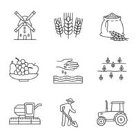 conjunto de iconos lineales de agricultura. agricultura. molino de viento, espigas de trigo, bolsa de harina, frutas, siembra, campo, cosechadora, agricultor, tractor. símbolos de contorno de línea delgada. Ilustraciones de vectores aislados