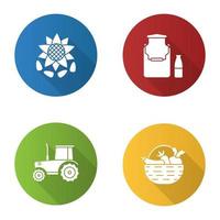 Agriculture flat design long shadow glyph icons Farming. Milk can and bottle, tractor, sunflower head with seeds, vegetables in basket. Vector silhouette illustration