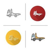 Tow truck icon. Flat design, linear and color styles. Car wrecker. Evacuator. Isolated vector illustrations