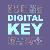 Digital key word concept banner. Wireless, keyless padlock. NFC smart door lock. Presentation, website. Isolated typography with linear icons. Remote control hotel padlock. Vector outline illustration