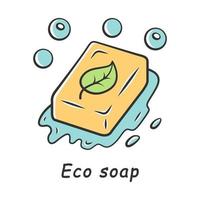 Eco soap color icon. Zero waste swap. Handmade, ecological, natural hands and body washing soap with bubbles. Organic cleaning product. Bathing, hygiene accessory. Isolated vector illustration