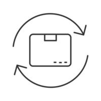 Parcel return service linear icon. Thin line illustration. Repackaging. Cardboard box with circle arrow. Contour symbol. Vector isolated outline drawing