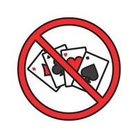 Forbidden sign with playing cards color icon. No gambling prohibition. Isolated vector illustration