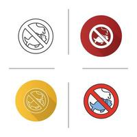 Forbidden sign with fish icon. Flat design, linear and color styles. No fishing prohibition. Isolated vector illustrations