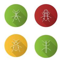 Insects flat linear long shadow icons set. Ant, stag beetle, ground bug, phasmid. Vector outline illustration