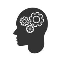 Human head with cogwheels glyph icon. Artificial intelligence. Silhouette symbol. Robot. Negative space. Vector isolated illustration