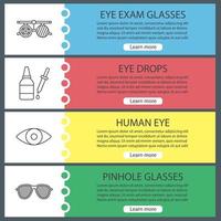 Ophthalmology web banner templates set. Exam glasses, eye drops, eyesight, pinhole spectacles. Website color menu items with linear icons. Vector headers design concepts