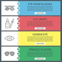 Ophthalmology web banner templates set. Exam glasses, eye drops, eyesight, pinhole spectacles. Website color menu items with linear icons. Vector headers design concepts