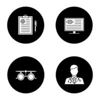 Ophtalmology glyph icons set. Medical report, computer diagnostics, exam glasses, doctor. Vector white silhouettes illustrations in black circles
