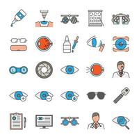 conjunto de iconos de colores de oftalmología. optometría. equipo de examen y tratamiento de la vista. ilustraciones de vectores aislados