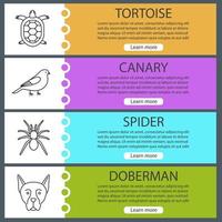 Pets web banner templates set. Tortoise, canary, spider, doberman. Website color menu items with linear icons. Vector headers design concepts