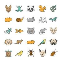 conjunto de iconos de colores de mascotas. animales exóticos. roedores, pájaros, reptiles, insectos, perros, gatos. ilustraciones de vectores aislados