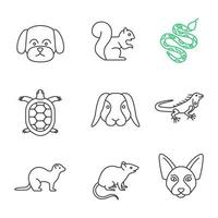 conjunto de iconos lineales de mascotas. perro maltés, ardilla, pitón, tortuga, conejo, iguana, hurón, ratón, sphynx canadiense. símbolos de contorno de línea delgada. Ilustraciones de vectores aislados