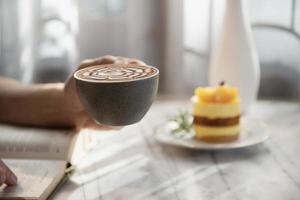 People serve beautiful fresh relax morning coffee cup set - people with coffee set background concept photo