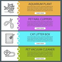 conjunto de plantillas de banner web de suministros para mascotas. planta de acuario, cortaúñas, caja de arena para gatos, aspiradora. elementos del menú de color del sitio web con iconos lineales. conceptos de diseño de encabezados vectoriales vector