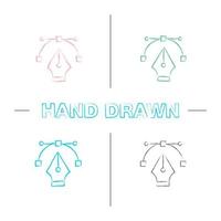 Fountain pen nib hand drawn icons set. Color brush stroke. Computer pen tool. Drawing. Isolated vector sketchy illustrations