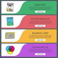 Printing web banner templates set. Polygraphy and typography. Magazine, poster template, business card, color circles. Website color menu items. Vector headers design concepts