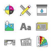 Printing color icons set. Cmyk color model, pencil and ruler, cartridge ink, image uploading, font, business card, large format printer, newspaper, color palettes. Isolated vector illustrations