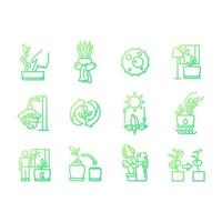 Caring for houseplants gradient gradient linear vector icons set. Potted plants growing. Correct watering and light. Thin line contour symbol designs bundle. Isolated outline illustrations collection