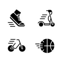 iconos de glifo negro de actividad deportiva establecidos en el espacio en blanco. jugando al baloncesto. andando en bicicleta, montando la bicicleta. ocio. movimiento dinámico. símbolos de silueta. paquete de pictogramas sólidos. ilustración vectorial aislada vector