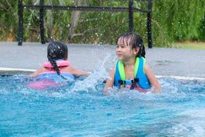 Little girl in a life vest jumps into an outdoor swimming pool. Cute little girl playing in the pool on a sunny day. Summer lifestyle concept. photo
