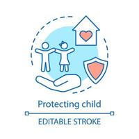 Protecting child concept icon. Childcare idea thin line illustration. Insurance. Adoption. Custody. Childrens rights protection. Home with heart. Vector isolated outline drawing. Editable stroke