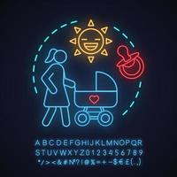 Outdoor babysitting neon light concept icon. Activities, parenting, motherhood idea. Mother walking with baby carriage. Glowing sign with alphabet, numbers and symbols. Vector isolated illustration