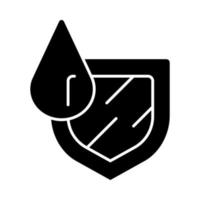 Waterproofing glyph icon. Water resistance. Hydrophobic, anti wetting technology. Water protection day. Shield with liquid drop. Silhouette symbol. Negative space. Vector isolated illustration