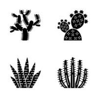 Wild cactus glyph icons set. Green succulents. Exotic mexican flora. Chola, prickly pear, zebra cactus, organ pipe cacti. Silhouette symbols. Vector isolated illustration