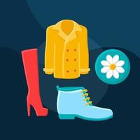 icono de vector de concepto plano de moda de primavera. conjunto de ilustraciones en color de dibujos animados de idea de compras. tienda de ropa. Ropas y zapatos. traje de mujer abrigo, botas, tacones altos. elemento de diseño gráfico aislado