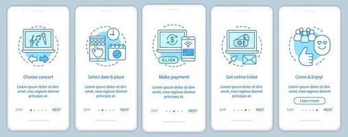 Concert onboarding mobile app page screen vector template. Performance online ticket payment. Music event. Walkthrough website steps with linear illustrations. UX, UI, GUI smartphone interface concept
