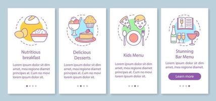 plantilla de vector de pantalla de página de aplicación móvil de incorporación de servicio de alimentos. menú del restaurante. café familiar. paso a paso del sitio web con ilustraciones lineales. ux, ui, concepto de interfaz de teléfono inteligente gui