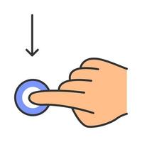 Vertical scroll down gesturing color icon. Touchscreen gesture. Human hand and fingers. Tap, point, click. Using sensory devices. Isolated vector illustration
