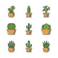 Cactuses in pots color icons set. Mexican tropical flora. Succulents. Spiny plants. Cacti garden collection. Isolated vector illustrations