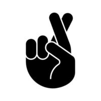 Fingers crossed emoji glyph icon. Silhouette symbol. Luck, lie, superstition hand gesture. Hand with middle and index fingers crossed. Negative space. Vector isolated illustration