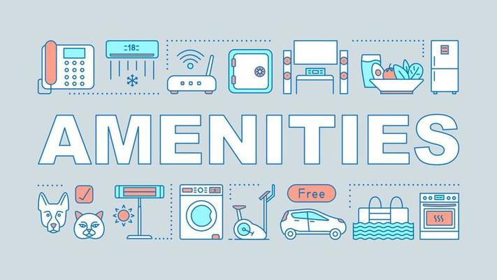 Amenities word concepts banner. Hotel room services, features, add-ons Presentation, website. Isolated lettering typography idea with linear icons. Vector outline illustration