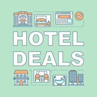 Hotel deals word concepts banner. Room reservation, apartment booking. Room amenities. Presentation, website. Isolated lettering typography idea with linear icons. Vector outline illustration